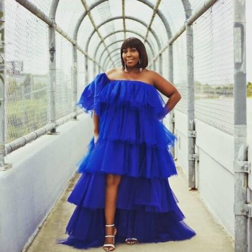 Chic Evening Dresses Royal Blue abiye Real Image Evening Party Gowns Customized Hi Low Tiered Prom Dress robe de soiree