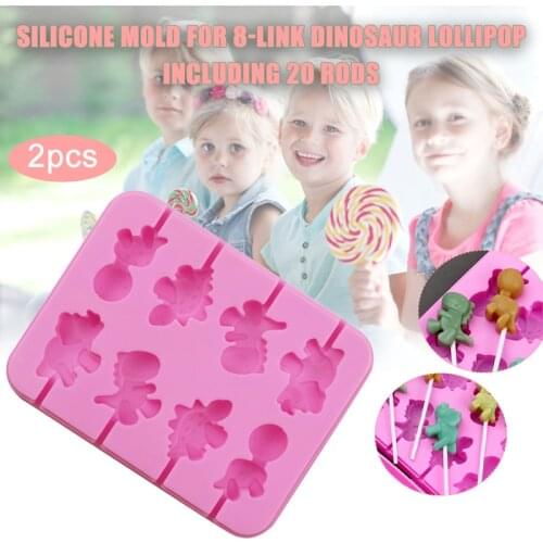Lollipop Silicone Mold 2pcs 8- Cavity Non-Stick Dinosaur Silicone Mold with 20 Sticks for Lollipop Chocolate Candy SAL99