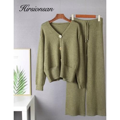 Hirsionsan 2 Pieces Knitted Sets Women Tracksuit V Neck Cardigan & High Waist Pants Loose Soft Chic Knitted Sweater Outwear Lady