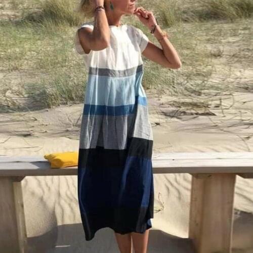 New Autumn Fashion Striped Print Women Long Dress Casual O-Neck A-line Beach Dress Summer Short Sleeve Lady Loose Party Dresses