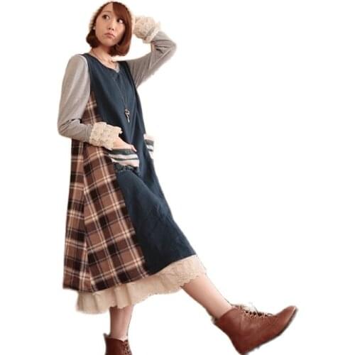 Plaid patchwork lace sequin feestjurken uzun elbise vestido festa abiti donna jurk mori girl vestido longo autumn winter dress