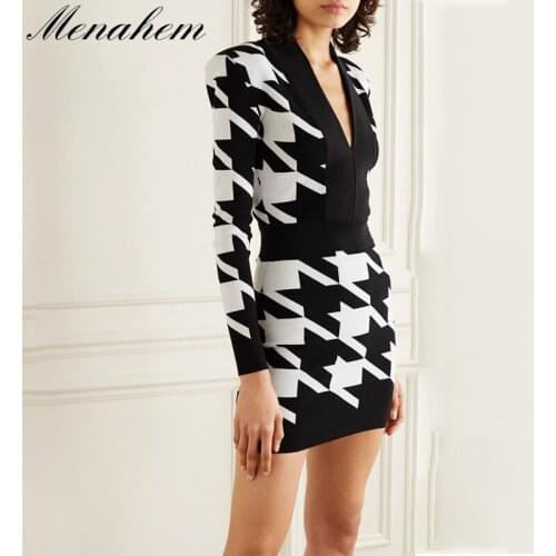 Menahem Autumn Houndstooth Jacquard Pattern Sweater Dress Women Full Sleeve V-Neck Sheath Slim Sexy Pullover Knit Short Vestidos