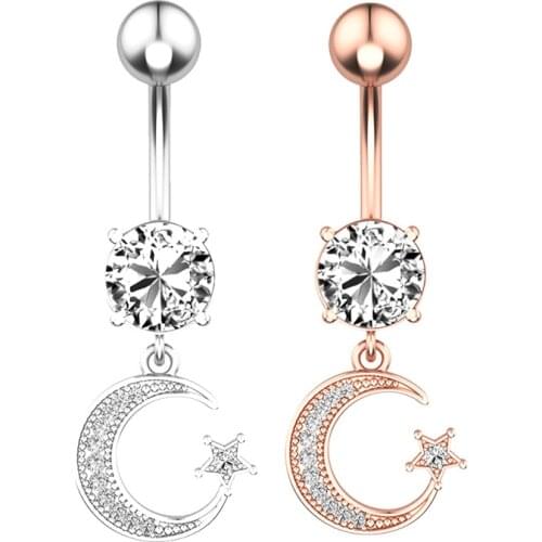 1PC Surgical Steel Bar Belly Piercing CZ Paved Crescent Moon with Star Dangling Belly Button Rings Navel Ring Navel Piercing 14G