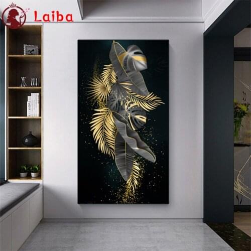 Diamond Mosaic Nordic abstract golden leaves flower round drill Cross Stitch Diamond Art Painting Full Square Decor For Home