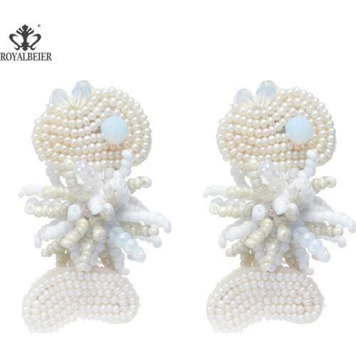 Boho Handmade Beaded Jewelry White Beaded Earrings Ins Charm Big Dangle Drop Earrings For Wedding Party Gift Festival Statement