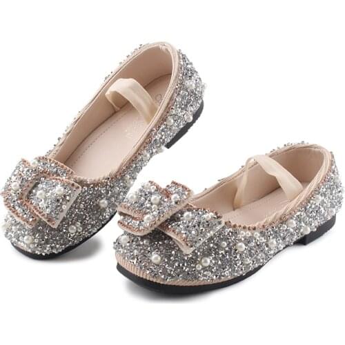 Childrens Fashion Shoes For Girls Medium Big Kids Dress Shoes With Rhinestone Crystal Flats Pearls Princess Wedding Party Shoes