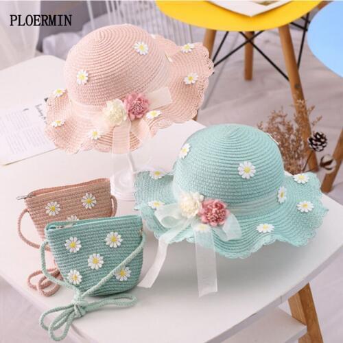 2020 New Summer Children Beautiful flowers Straw Hat Baby Sun Hat Girl Holiday Travel Beach Visor Hat Straw Bag Two-Piece Sets