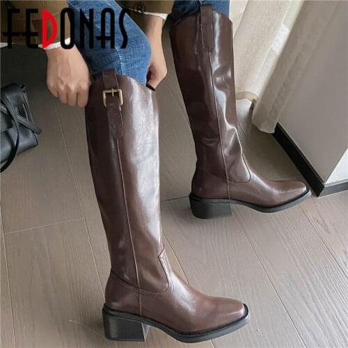FEDONAS Buckle Fashion Women Knee-High Boots Full Genuine Leather Autumn Winter Popular Concise Casual Shoes Woman Thick Heels