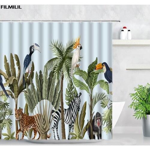 FILMILIL Tropical Jungle Plants Animals Shower Curtains Leopard Zebra Parrot Palm Tree Home Decor Chic Bathroom Bath Curtain Set