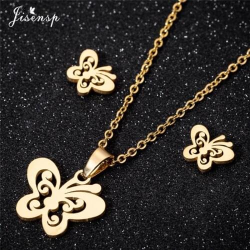 Jisensp Bohemian Style Butterfly Pendant Necklace Earrings Fashion Animal Stainless Steel Jewelry Sets for Women 2021 Best Gift