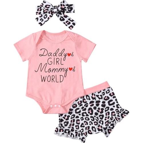 3 Pieces Baby Girl Clothes Letter Print O-Neck Short Sleeve Romper Leopard Print Shorts + Headband Set for Summer 3-18 Months
