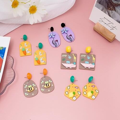 VSnow Korean Vintage Flower Fruit Bee Arcylic Dangle Earring for Women Girls Irregular Geometrical Multicolor Earring Jewellery