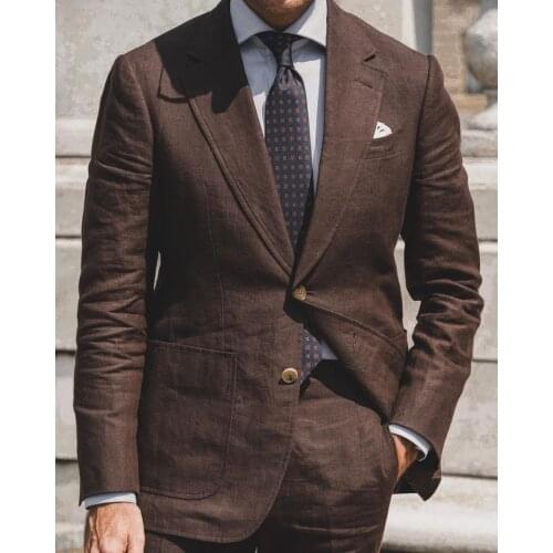 Fashion Blue Men Suit 2 pieces Formal Linen Groom Wedding Suits Men Tuxedo Blazer Tailored Casual Mens Suit Jacket with Pants