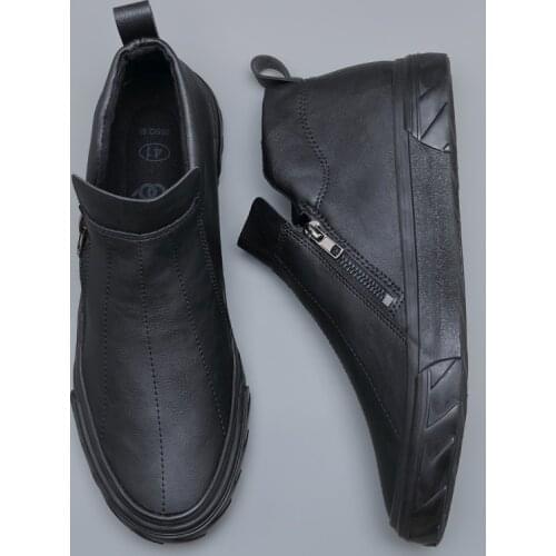 Brand New High Top Men Vulcanized Shoes Autumn Lazy Casual Leather Loafer Shoes Breathable Side Zip Sewing Roud Toe Flats