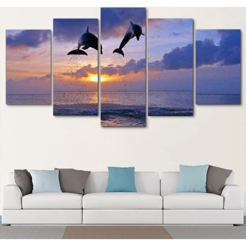 5 Pieces of Sunset Seaside Modular High-definition Animal Dolphin Poster Canvas Wall Living Room Furniture Decoration Frameless