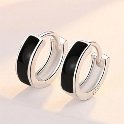 Charm Lady Black Hoop Earrings Jewelry For Women Trendy 925 Sterling Silver Earring Female Party Accessories Ear Piercing Bijou