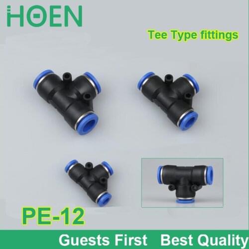 100PCS/LOT blue color PE12 12mm tee fitting Pneumatic quick jiont connector push in tube fittings PE-6 PE-8 PE-10 PE-12 PE-14