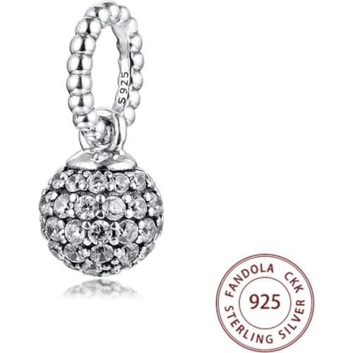 Authentic 925 Sterling Silver Pave Ball Pendant Charms Beads Fits Pandora Bracelet Berloque Argent DIY Jewelry Making Kralen
