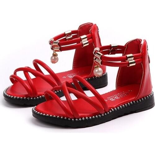 Kids Girls Sandals Shoes Summer Fashion Pearl Princess Rome Sandals Flat Heels Soft Sole Children Girl Shoes Ankle Wrap EU 21-36