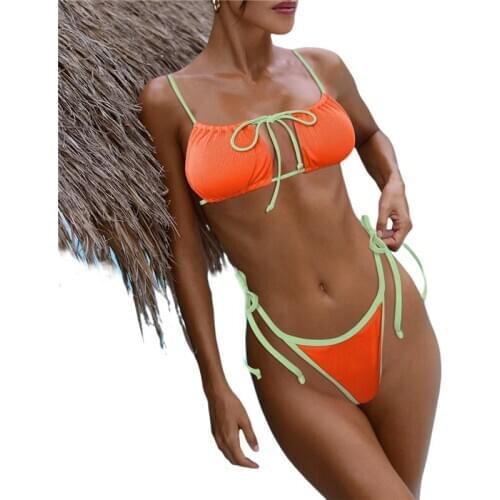 Sexy Swimwear Women Bathing Suits Adults Spaghetti Strap Bikini Top with Chest Pad + Thong Two Piece Bandage Beach Wear