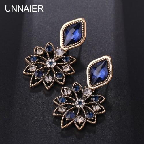UNNAIER Retro palace temperament blue Semi-precious stones earring Female Rhinestone petal earring Hypoallergenic ear jewelry