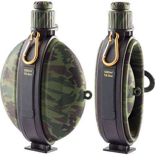 580ML Collapsible Military Water Bottle FDA Food Grade Silicone Water Kettle Canteen with Compass Bottle Cap for Hiking Camping