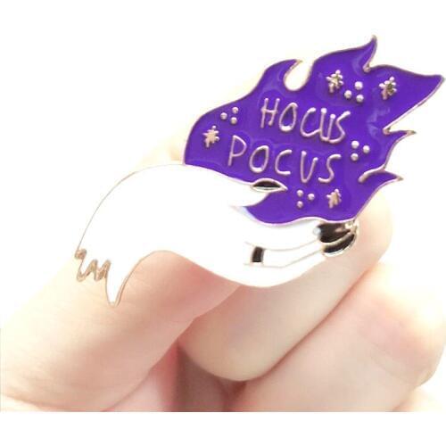 Magic Fire enamel pin Hand Golding Purple Flame Hocus Pocvs badge Brooch Deinm Clothes Bags Halloween Jewelly Gift for Friends
