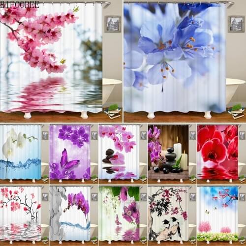 Colorful Tulip Lotus Flowers Trees Shower Curtain Bathroom Curtains Nature Flower Waterproof Polyeste Fabric Bathtub Decor