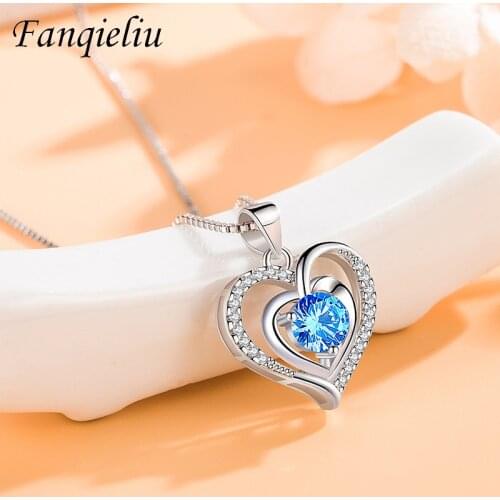 Fanqieliu Girls Wedding Gift Heart Blue Crystal Pendants 40&45CM Chain 925 Sterling Silver Pendant Necklace For Women FQL21322