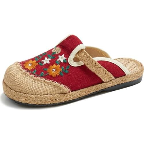YourSeason Ladies Casual Slippers Embroider Elegant Outside Slides Flat With Handmade Women Cotton Hemp Summer Shoes