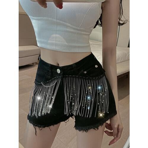 2020 Autumn Summer 2020 Wear Heavy Tassels Nail Diamond Beads High All-match Thin Waist Nightclub Shorts Women spandex shorts