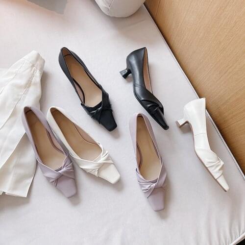 Osunlina Womans Pumps Elegant Hoof Heels Square Toe Butterfly-Knot Purple White Genuine Leather Handmade Ladies Shoes A172