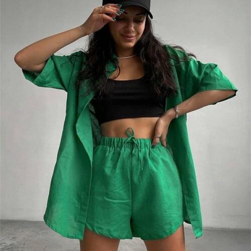 Solid Two Piece Shorts Sets Turn-Down Collar Shirt Half Sleeve Tops And Short Pants Matching Set Outfits 2021 Autumn Women Sets