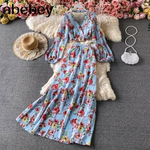 Women Summer Boho Floral Chiffon Beach Set Sexy Backless Puff Sleeve Short Tops+High Waist Long Skirt Two Piece Suits