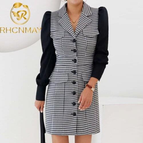 Fashion Autumn Korean Vintage Patchwork Single Breasted Suit Overcoat Casual Simple Slim Dress Houndstooth Chic Dresses