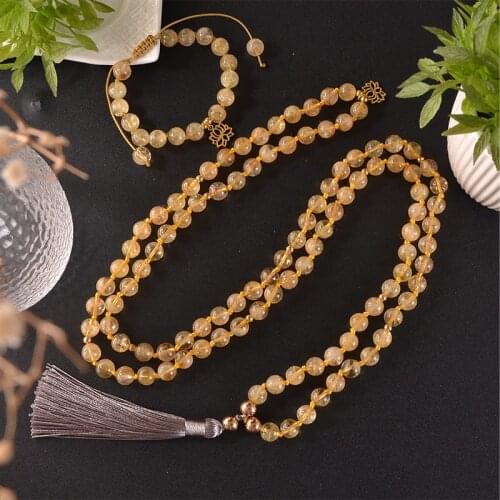 108 Natural Citrine Japamala Necklace Meditation Yoga Blessing Rosary Jewelry Bracelet Set Women Charm Lotus Tassel Pendant