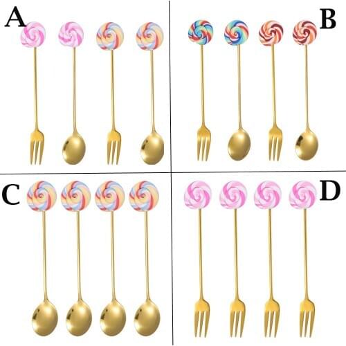 4Pcs Gold Spoon Forks Stainless Steel Coffee Stirring Teaspoon Lollipop Handle Tableware for Dessert Cake Ice Cream Salad Honey