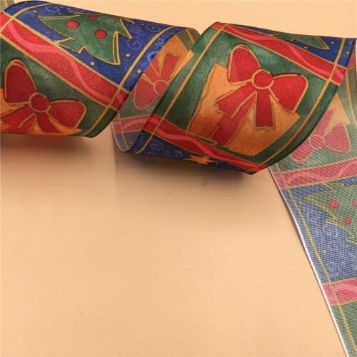 63MM 25YARDS Wired Edge Ribbon Heat Transfer Printing Christmas Tree Silk for Birthday Decoration Chirstmas Gift DIY Wrapping