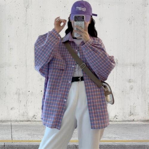 Deeptown Plaid Shirt Women Long Sleeve Tops Lattice Print Blouse Korean Fashion 2021 Oversized Spring Kpop Casual Purple Clothes