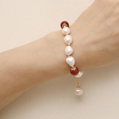 New Natural Fresh Water Baroque Pearl Red Agate Bracelet For Women Wedding Party Gift Brass OT Clasp Endding with 14k Real Gold