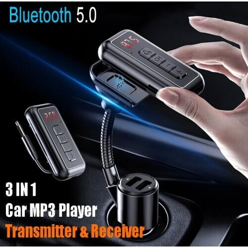 JINSERTA Bluetooth 5.0 FM Transmitter 3.5mm AUX Receiver Dual USB Charger Handsfree Calling Car Audio Adaptor TF card MP3 Player
