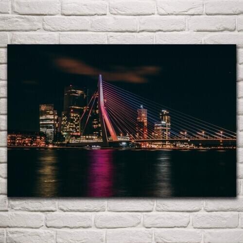 Beautiful Rotterdam cityscape bridge architecture nightscape living room home art decor wood frame fabric poster KP188