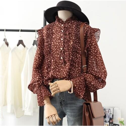 Leopard Chiffon Women Blouse 2021 Summer New Ruffles Vintage Button Lantern Sleeved Office Lady Elegant Shirts Pulls Tops Tees