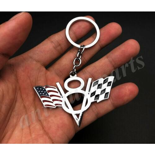 Metal Chrome Car V8 Vintage USA Flag Key Ring Chain Fob Emblem Badge