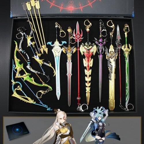 12PCS Genshin Impact Anime Sword Model Weapon Set Toy Tartaglia Ganyu Venti ZhongLi Eula Xiao Alloy Keychain Collection Gift Box