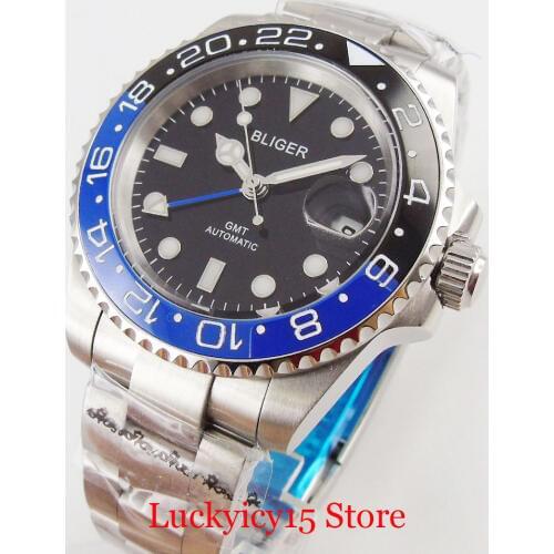 BLIGER Self Winding Men Watch Black Blue Bezel Sapphire Crystal 40mm Wristwatch Automatic Movement Date Indicator GMT Function
