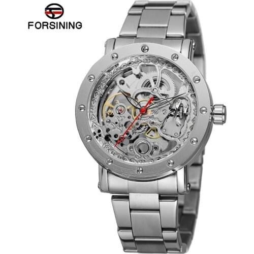 Forsining 2021 New Men Watch Stainless Steel Fashion Casual Wrist Watch Mens Simple Skeleton Mechanical Automatic Mens Watches