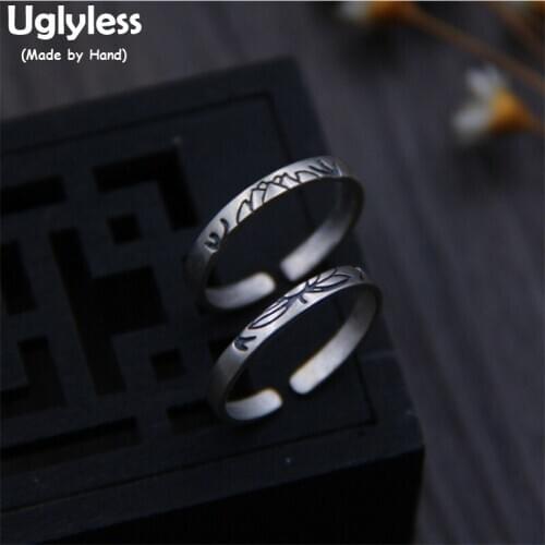 Uglyless Real S 925 Sterling Silver Lovers Opening Rings Simple Fashion Ethnic Handmade Engraved Lotus Finger Ring Fine Jewelry