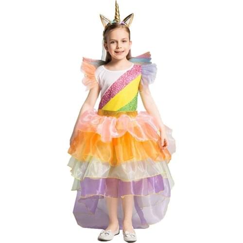 Princess Dress for Girls Puff Sleeve Tailing Unicorn Dresses Girl Halloween Cosplay Costume Children Clothes with Headband wings