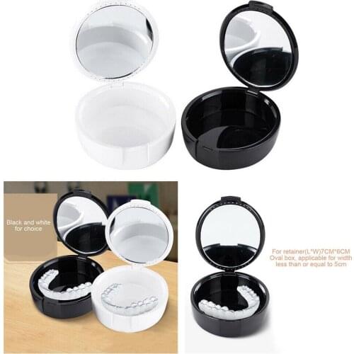 Denture Orthodontic Plastic Retainer Case False Teeth Storage Boxes with Mirror White or Black